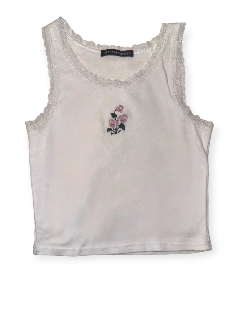 RARE Brandy Melville J. Galt Ronnie Lace floral Embroidered CropTank Top White